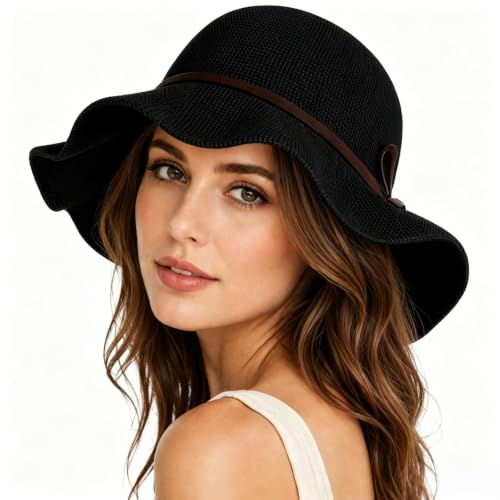 Sombrero de Sol Mujer Sombrero de Playa de ala Ancha Sombreros UV Protección Verano Plegable con Decoración de Lazo Elegante Sun Hat Fácil de Guardar (Negro)