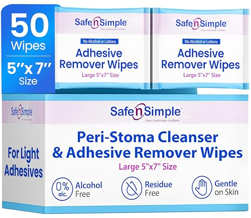 Safe n' Simple Adhesive Remover for Skin - 5x7 50 Wipes - Stoma Adhesive Remover Wipes - Alcohol Free Wipes for Sensitive Skin - No Sting Adhesive Remover Wipes
