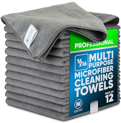 MW Pro Microfiber Cleaning Cloth | Gray | 12 Pack | 16” x 16” | All Purpose Microfiber Towels - Clean, Dust, Polish, Scrub, Absorbent