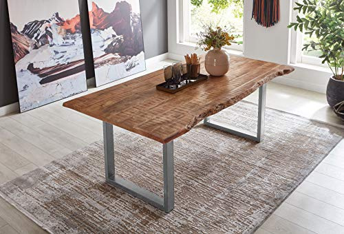 SAM Esstisch Dora 220 x 100 cm, Mangoholz massiv, lackiert & naturfarben, Baumkantentisch mit U-Metallgestell in Silber, echte Baumkante, 26 mm
