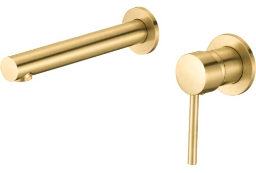 VALAZ Grifo Lavabo Dorado Cepillado Empotrado | Grifo Lavabo Monomando, Agua Fría y Caliente, Ahorro de Agua, Instalación Fácil | Latón, Inoxidable, Elegante, Redondo, Caño Recto, Serie Guadalquivir