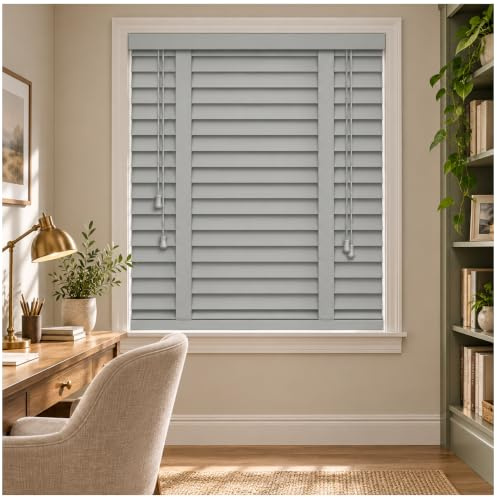 Grey Faux Wood Wooden Blinds Windows Venetian Blinds 120W x 150L cm | 50mm Horizontal Smooth Slats with Tape Trimmable Easy Fit Home Office Child Safe Windows Blind