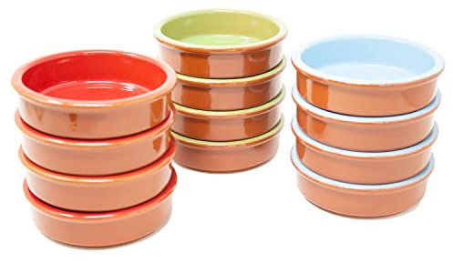 ToCi 12 x Tapas-Schalen Bunt Ø 11,5 cm – Spanische Cazuela Schälchen aus Ton 175 ml - Kleine Auflaufformen & Dessertschalen für Tapas, Fingerfood, Crème Brûlée & Ofengerichte