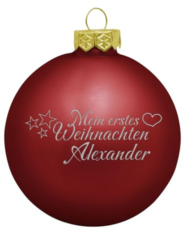 Deitert Weihnachtskugel mit Wunschtext Gravur, Ø 8cm, personalisierte Christbaumkugel aus Glas (matt), Individueller Weihnachtsbaumschmuck Namen oder Spruch, Mein erstes Weihnachten, rot