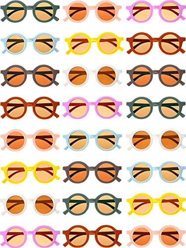 Flutesan 24 Pairs Kid Round Sunglasses Cute Retro Circle Sunglasses for Kids Girls Toddler Baby Boy Outdoor UV, Age 3 to 10(Stylish Colors)
