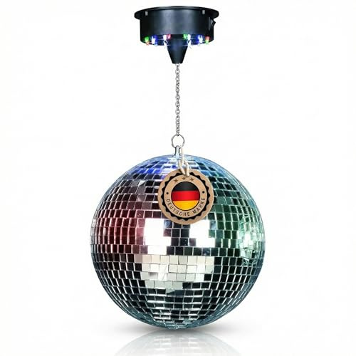ETEC Professional DISCO30 Spiegelkugel 30cm Set mit LED Motor DISCOLIGHT BELEUCHTUNG Discokugel Disco Effekt Strahler silber batteriebetrieben mit 18 LEDs Partykeller DJ Club