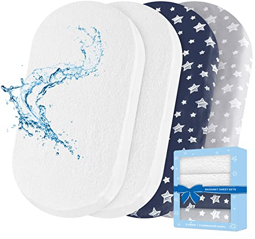Bassinet Sheets & Waterproof Bassinet Mattress Pad Protector 4 Pack Set, Viscose Terry, Universal Fit for Oval, Hourglass and Rectangular Mattress, Grey & Navy
