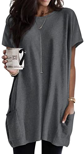 Minetom T-Shirt Femme Long Tshirt Oversize Col Rond Tee Shirts à Manche Courte Eté Longshirt Avce Poches Casual Ample Top Blouse Chic Lâche Décontracté Haut Long Tunique Grande Taille A Gris foncé XXL