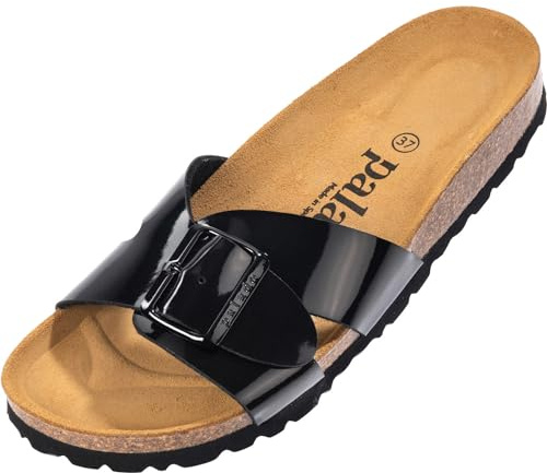Palado Pantoletten Damen Tinos - bequeme Sandalen Made in Spain - elegante Hausschuhe mit Kork-Fußbett - modische Sommerschuhe Schwarz Lack/Schwarz UK8 - EU41