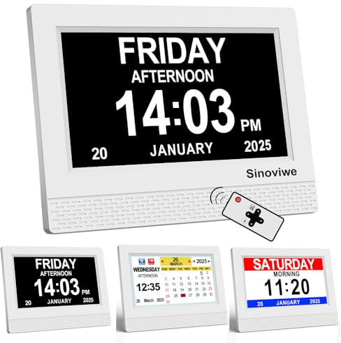 Sinoviwe Sveglia per anziani, schermo HD da 7 pollici, sveglia elettronica, con funzione calendario, adulti e pazienti con malattia di Alzheimer (White)