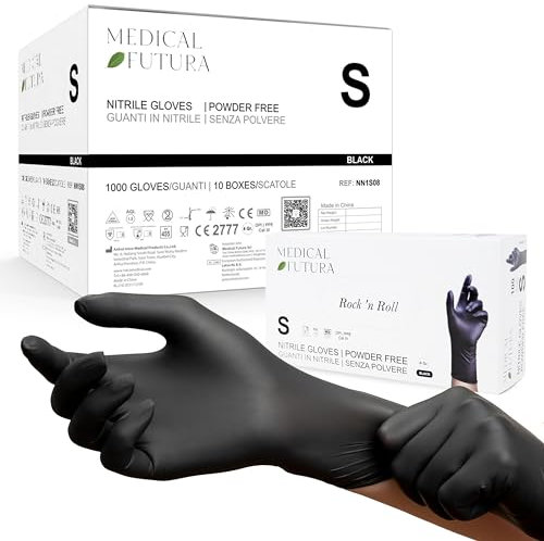 Medical Futura - 1000 Gants Nitrile S Noirs Jetables Hypoallergéniques Gr. 4.0, Sans Poudre, Sans Latex, Idéals pour Esthéticiens, Tatoueurs, Mecanicien et Secteurs Médicaux (S, Noir)
