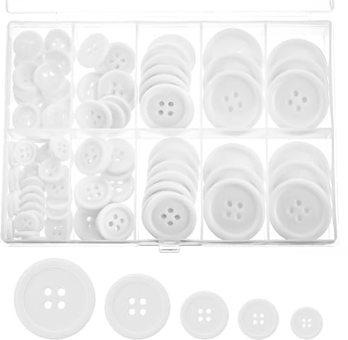 100 Resin Buttons with 5 Sizes, Mixed Shapes for Sewing, Crafts & Decoration - Flatback, 4-Hole, White, with Storage Box