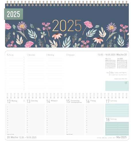 Häfft® Wochen-Tischkalender 2025 quer Flying Flowers 1 Woche 2 Seiten, Schreibtisch-Kalender mit Sprüchen, Wochenkalender 29,7 x 11,6 cm - nachhaltig & klimafreundlich