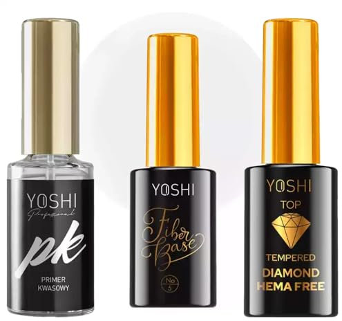 Yoshi Nagelpflege-Set: Säuregrundierung, Top Tempered Diamond & Fiber Base No.5, je 10ml - Perfekt für UV Gel Maniküre