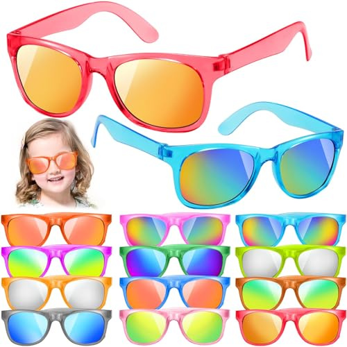 12 Pack Kids Sunglasses Hawaiian Party Favors with UV400 Protection, 12 Colors Neon Sunglasses in Bulk for Boys Girls Birthday, Beach, Summer Pool Party Supplies, Goody Bag Stuffers, Classroom Gift