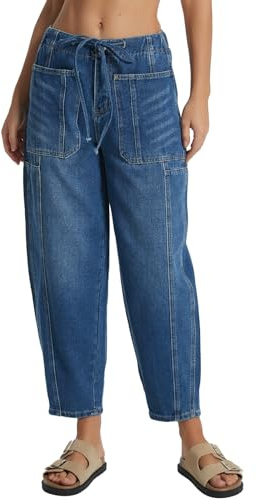 Women's Wide Leg Baggy Jeans Elastic Waist Barrel Jeans Trendy Loose Drawstring Ankle Denim Pants, Deep Blue, S