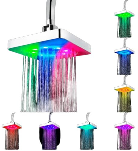 FUUBAMB00 Soffione Quadrato da 6 Pollici per Soffitto, 7 Colori Che Cambiano, Luce a LED, Soffione Doccia Cromato Brillante, Bagno d'Acqua, Forniture per Il Bagno di Casa