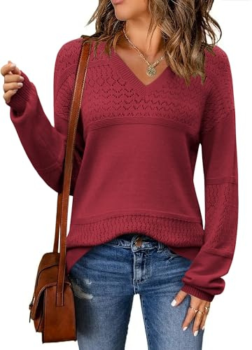 Zeagoo Pull Hiver pour Femme Chaud Manches Longues Tricoté Haut Élégant Fin Uni Pull Automne Manches Lanterne Sweatshirt Tops Vin Rouge M
