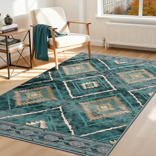 DEFYNEE Teppich Wohnzimmer 90x150 cm Eingangsteppich, Waschbarer Teppich Läufer, Kurzflor (Florhöhe ca. 5,88 mm), rutschfest, Vintage & Boho Rug für Hund, Flur, Küche, Korridor, Petrolgrün