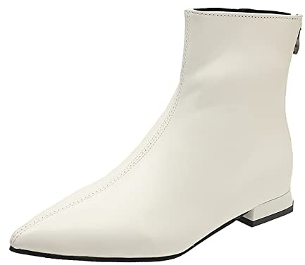 Botines de mujer con cremallera transpirables zapatos planos modernos de color sólido mantener el calor invierno suela gruesa tacones cuadrados cremallera botines cortos zapatos de punta, Blanco, 37