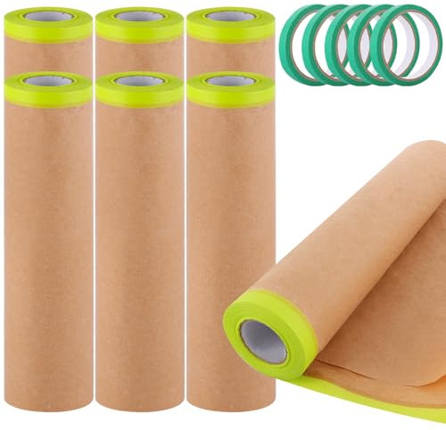 YOUNTHYE 7Rolls Masking Paper for Spraying, 24 x 36ft Paint Masking Paper Pre-Taped Masking Film, Tape and Drape Masking Film for Car Furniture Carpet Protection