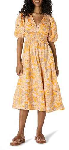Amazon Essentials Femme Robe Mi-Longue en Satin de Coton à Manches Bouffantes et Col en V, Coupe Ajustée et Évasée
