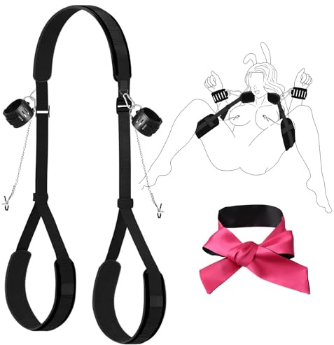 BDSM Sex Bondage Restraint Kits, Leather Wrist Thigh Leg Straps with Adjustable Back Handcuffs Blindfold Eye Mask,Nipple Clamps with Chain Adult Sex Toys for Men Women Couple Foreplay Pleasure