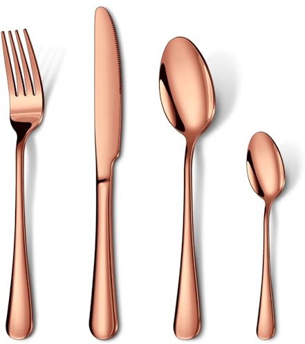 Cutlery Set Rose Gold, HONKKU 48 Pieces Stainless Steel Flatware Set for 12 People, Mirror Polished Silverware Set with Spoon Knife and Fork Sets for Home Kitchen, Dishwasher Safe