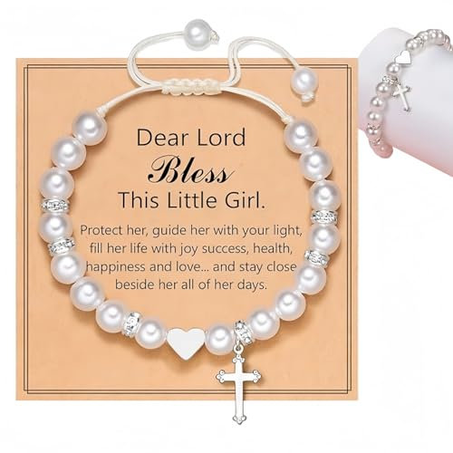 Xunzhi White Shell Pearl Bracelet,Adjustable Cross Beaded,First Holy Communion Baptism Gifts for Girls,Message Card Easter Confirmation Gifts for Girls,Easter G/ifts,G/irls Birthday Presents