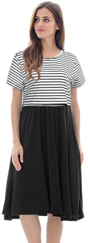 Aolso Women's Short Sleeve Maternity Dress,Casual Crew Neck Nursing Dress for Breastfeeding,Ruffle Women Maternity Clothes-Black and White Stripes-M