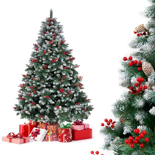 YOUDENOVA Konstgjord julgran med snö, konstgjord gran, 180 cm, julgran med Ilex grankottar, snöträd, konst, julgran med snabb montering, viksystem