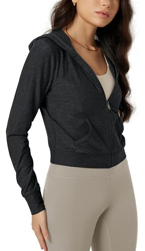 ODODOS Women's Full-Zip Cropped Hoodie - odSTRATUM Tech Ultra Soft UPF 50+ Hooded Jacket with Pockets, Black Heather, X-Large