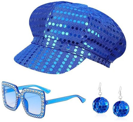 3 pezzi Accessori Cappelli Discoteca blu Anni '70, Abba Accessories con Paillettes Cappello Occhiali da Sole Orecchini, Glitter Abba Costume Accessories Kit for Adult Women Girls Retro 70 Theme