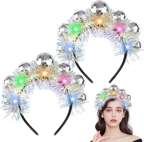 2 stycken discokula diadem, hårband karneval damer, hårband discokula silver, disco bolltillbehör, glitter LED-diadem, disco kostym tillbehör för 70-talet, 80-talet, jul, karneval, nyår