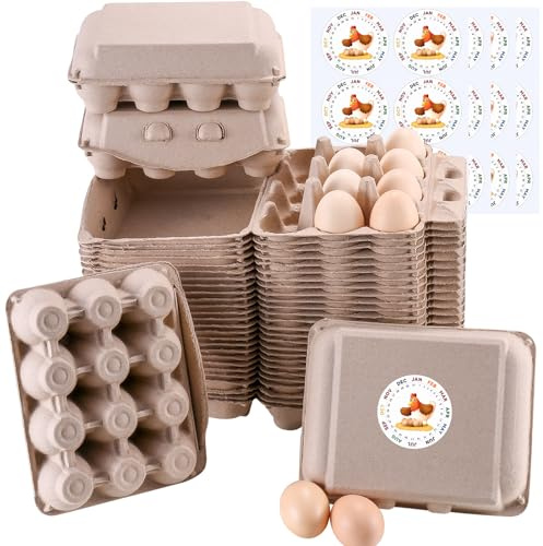 LayHyand 50 Pcs Vintage Egg Cartons with Labels, Square Dozen Egg Basket Blank Natural Paper Pulp, Classical 3x4 Style Holds Up to One Twelve 12 Count Chicken Eggs, Sturdy Eggs Box with Stickers