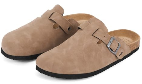 PERLETTI Sabot Uomo Comode Leggere Effetto Scamosciato - Ciabatte Invernali Estive Casa con Suola Antiscivolo Chiuse Fibbia Regolabile - Pantofole da Uomo Sandali Comfort (Beige, 43)
