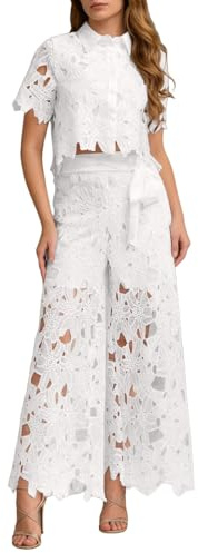 Set da donna in due pezzi in pizzo scavato, top a maniche corte e pantaloni a gamba larga, completo casual versatile da vacanza con sartoria premium, bianco, S
