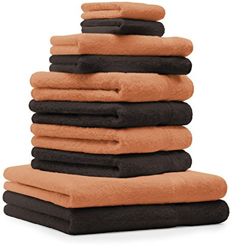 Betz 10-TLG. Handtuch-Set Premium 100% Baumwolle 2 Duschtücher 4 Handtücher 2 Gästetücher 2 Waschhandschuhe Farbe Orange Terra & Dunkel Braun