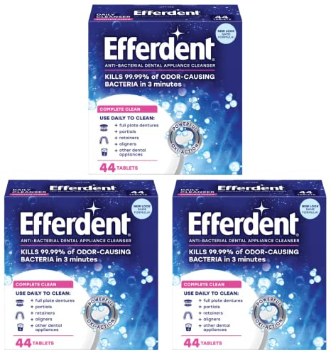 Efferdent Denture Cleanser Tablets, Complete Clean, Cleanser for Retainers and Dental Appliances, 44 Tablets - 3 Pack
