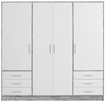 FORTE Jupiter Schrank 200 210, Kleiderschrank, Drehtürenschrank, 4-türig, mit 6 Schubladen und Einlegeböden, Betonoptik Grau und Weiß, 206.5 cm breit x 60 cm tief x 200 cm hoch
