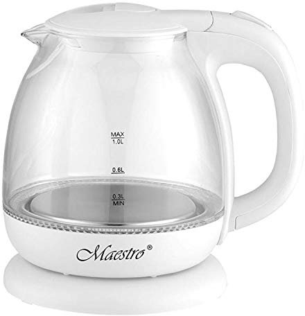 Maestro MR055 Bouilloire en verre 1 l avec éclairage intérieur - Bouilloire électrique en verre éclairée - Protection contre la surchauffe - 1100 W - Blanc