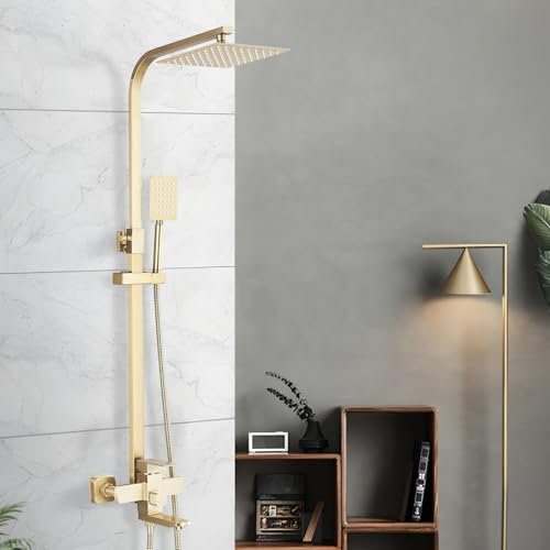 TVTIUO Columna de Ducha,Multifuncional Conjunto de Ducha Altura Ajustable, 8“ Alcachofa Ducha Lluvia y Cuadrado Ducha de Mano,Latón,Oro Cepillado