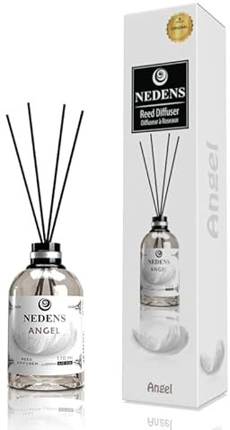 NEDENS Reed Diffuser Diffuseur a Roseaux, Fragancia para Habitaciones, jarrón perfumado, difusor de Aroma, ambientador de habitación, 110 ml, 4 Palos de bambú (Angel)