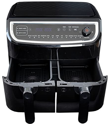 Gastronoma 18290003 XXL Doppel-Heißluftfritteuse-9 L(2x4,5L) Zwei regelbare Frittierkörbe-2400 Watt-LED-Display-200°-11 Programme-Vorwärmfunktion-Heißluftfritteuse-Digitale Fritteuse,Schwarz Silber