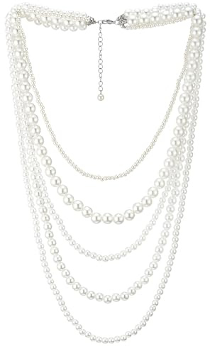 COOLSTEELANDBEYOND Multi-Hilo Blanco Perla Statement Declaración Collar Perla Colgantes Colgante, Vestir Boda Fiesta