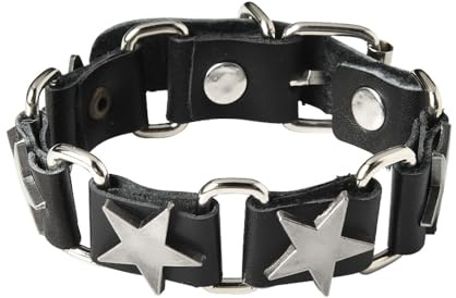 Kefley Black Leather Bracelet for Men Women Punk Star Rivet Stud Bracelet Wristband Metal Linked Wrist Belt Retro Style Rock Punk Accessories for Men Adults