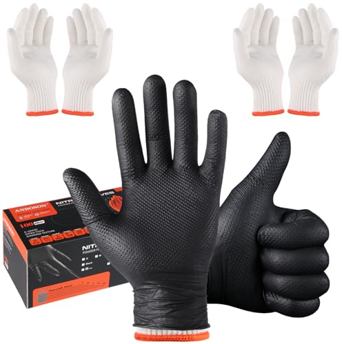 ANBOSON BBQ Gloves for Grilling Disposable Heat Resistant - 100 Nitrile Gloves + 4 Reusable Cotton Liners for Barbecue Smoker, Cooking Hot Meat - 10Mil Thick, Non-Slip Grip - Black Large
