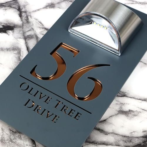 K Smart Sign | Bellissima LED F32 | Contemporary House Signs Plaques Door Numbers 1-9999 Street Name SOLAR LIGHT LED For Wall Personalised Laser Cut Mirror! (Matt Gray & Copper Mirror)