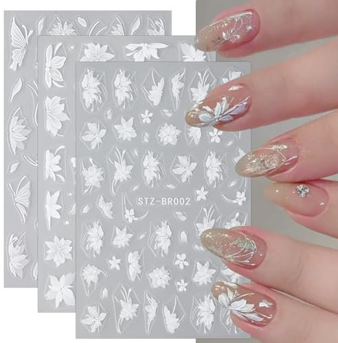 JMEOWIO 6 Blatt 3D Nagelsticker Weiße Blume Nail Art Sticker Selbstklebend Nagelaufkleber 5D Stereoskopisch Frühlings Sommer Blumen Dekoration Nageldesign Zubehör