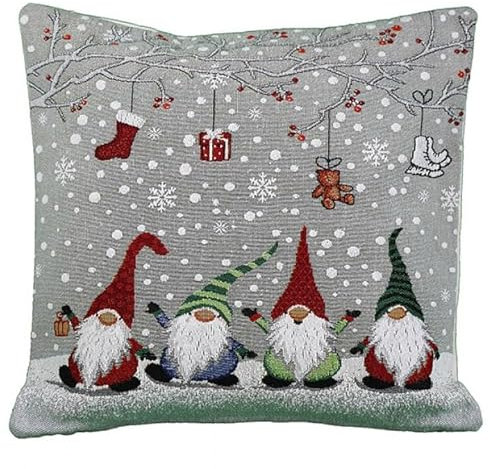 Generisch Kissenhülle Kissenbezug Dekokissen Winter Weihnachten Gobelin 40 x 40 cm grau Wichtel mit Geschenkzweig Baumwollmischung